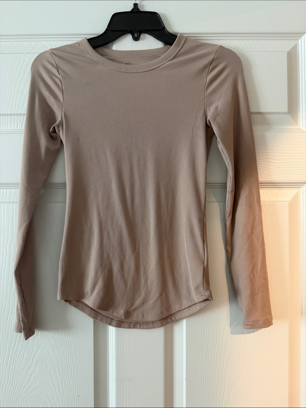 No Boundaries Long Sleeve Ribbed Crewneck Top in Taupe